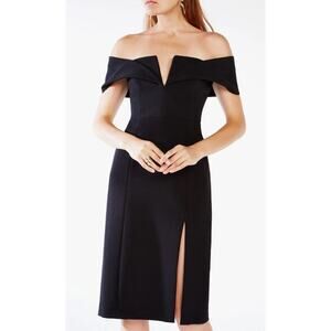 BCBGMAXAZRIA Women's 2 Black Marquis Off The Shoulder Mini Dress LBD Side Slit